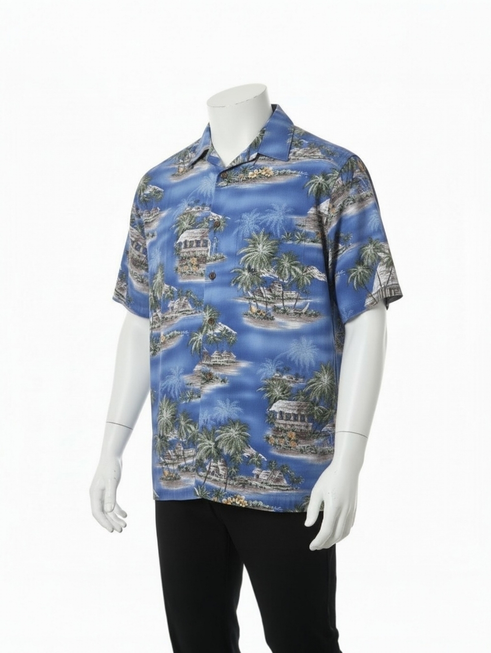 Island Shores Blue Cotton Hawaiian Shirt Men’s M - Tropical Palm Print